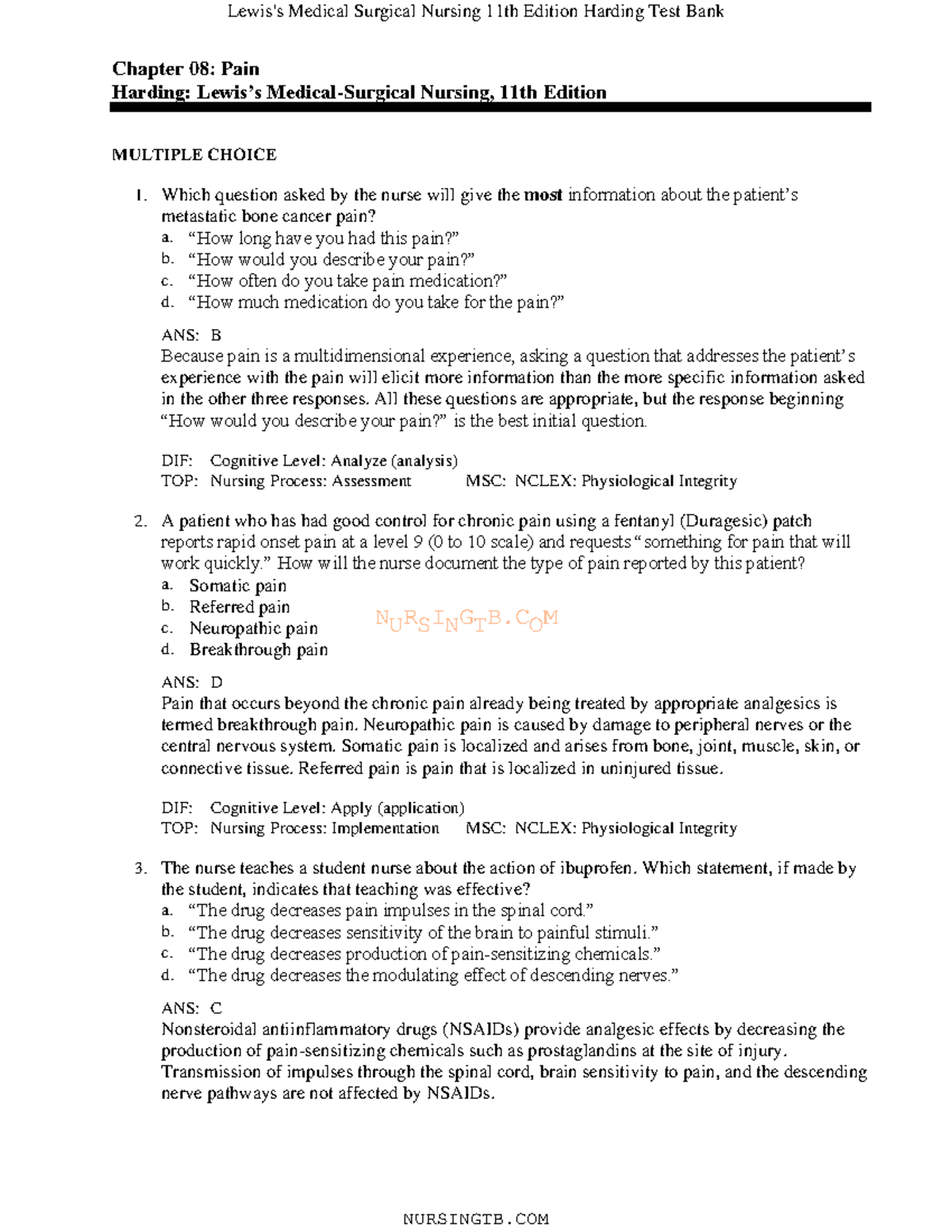 08 LEWIS TEST BANK - NURSINGTB Chapter 08: Pain Harding: Lewis’s ...