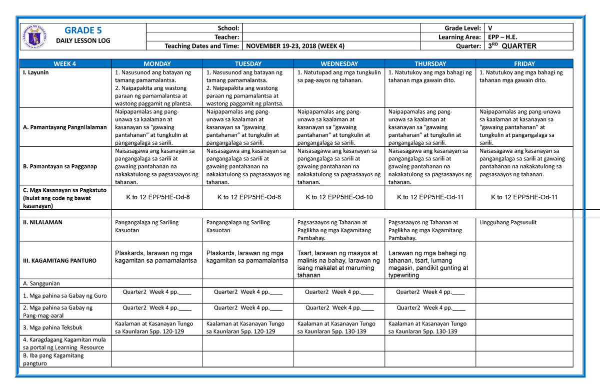 DLL G5 Q3 WEEK 4 ALL Subjects (Mam Inkay Peralta) - GRADE 5 DAILY ...