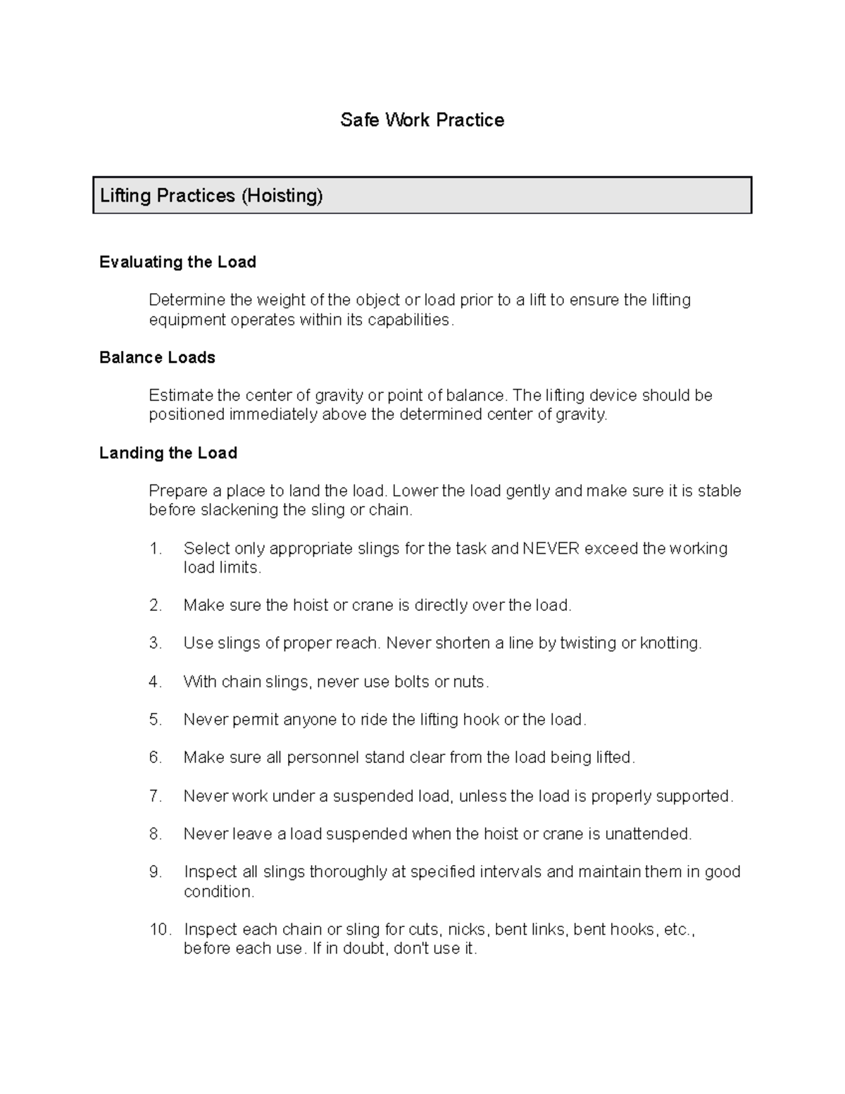 Lifting Hoisting Practice notes Safe Work Practice Lifting