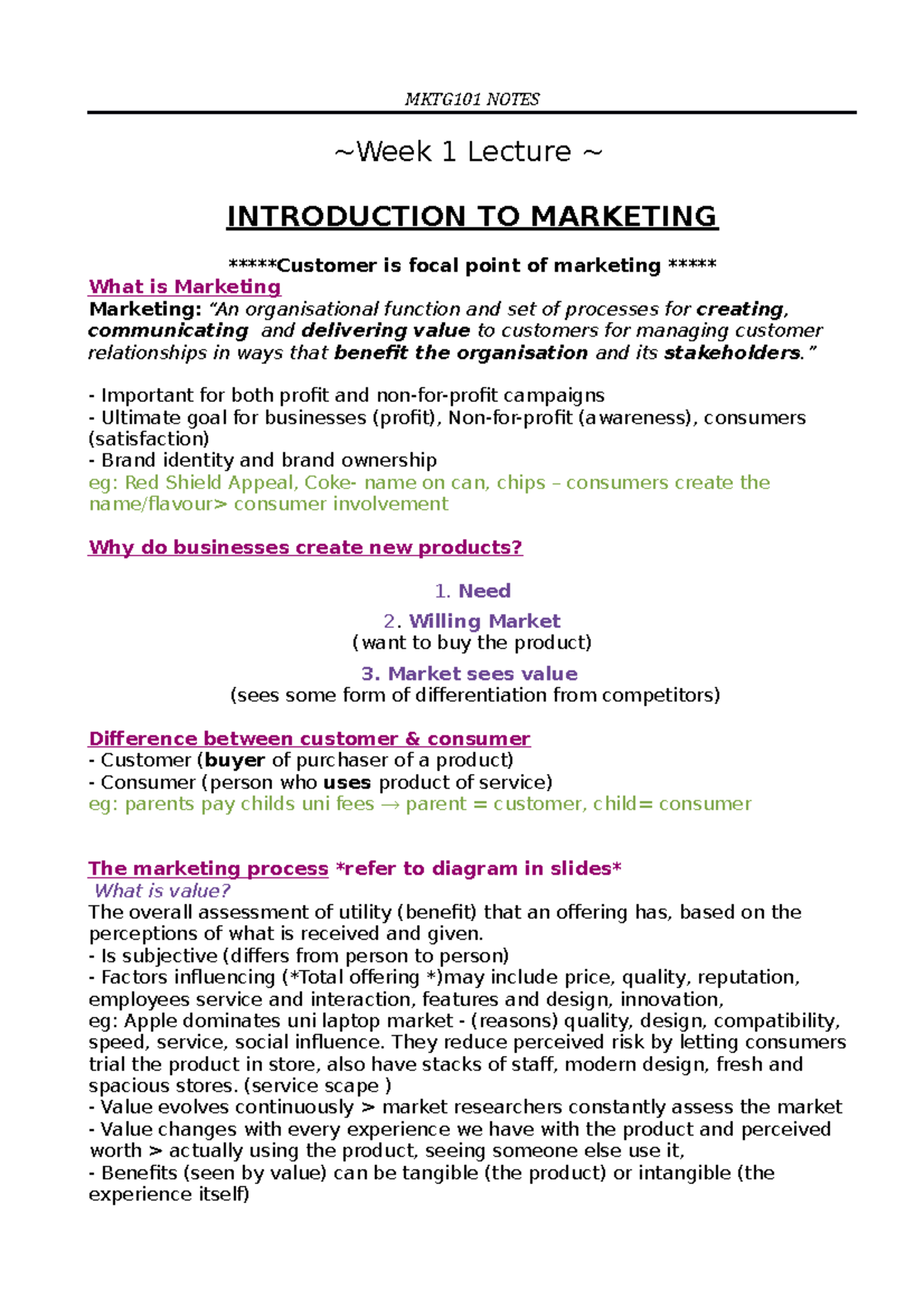 Lecture notes, lectures 1-12 - MKTG101 NOTES ~Week 1 Lecture ...
