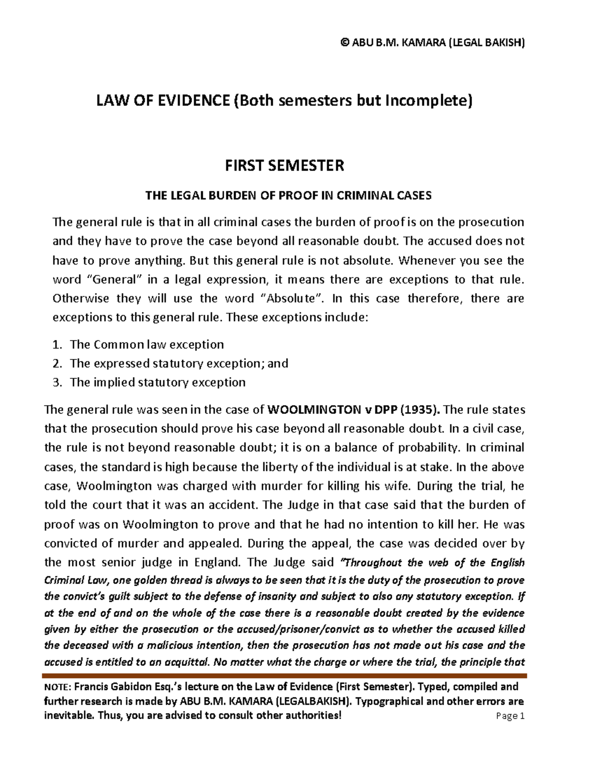 LAW OF Evidence (Incomplete) - NOTE: Francis Gabidon Esq.’s lecture on ...