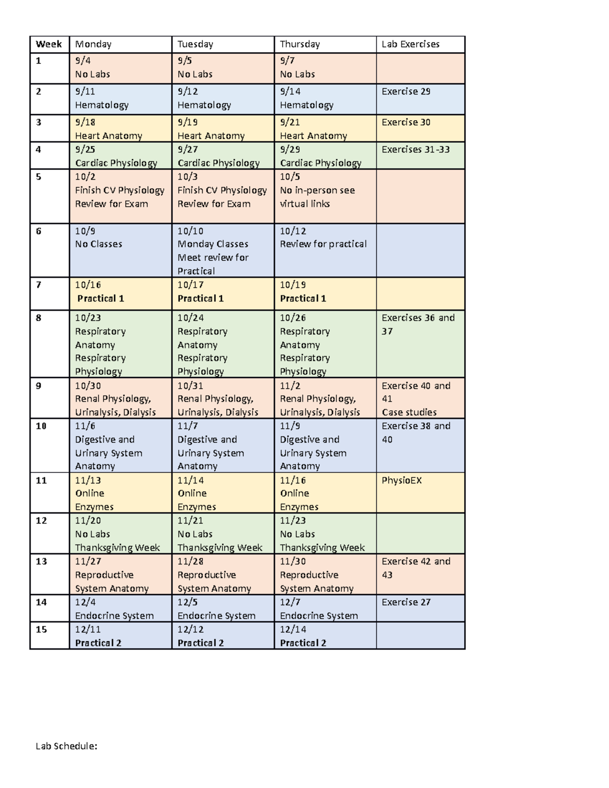 Lab Schedule APFall 23 Revised - Week Monday Tuesday Thursday Lab ...