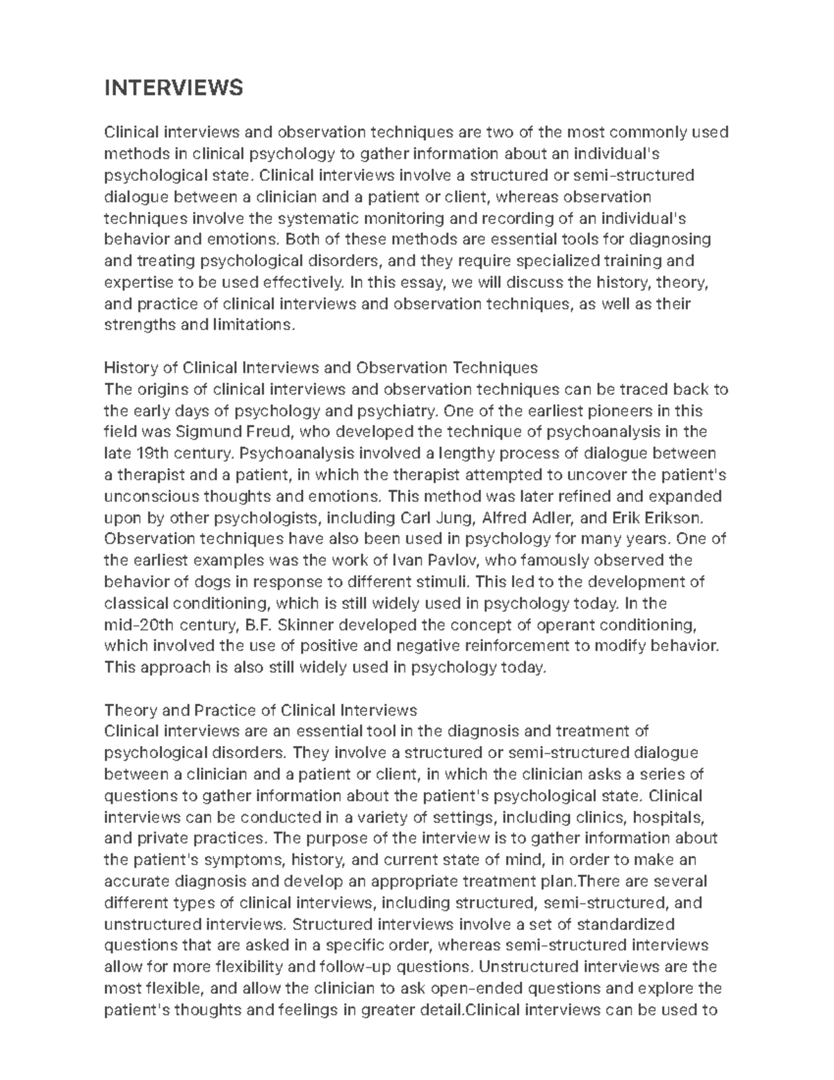 Interviews - notes - INTERVIEWS Clinical interviews and observation ...