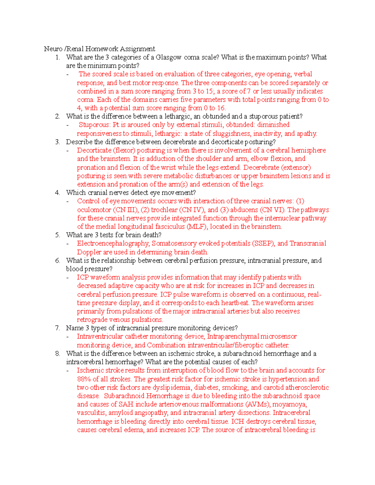 Hwweek 5 - critical care - Neuro /Renal Homework Assignment 1. What are ...