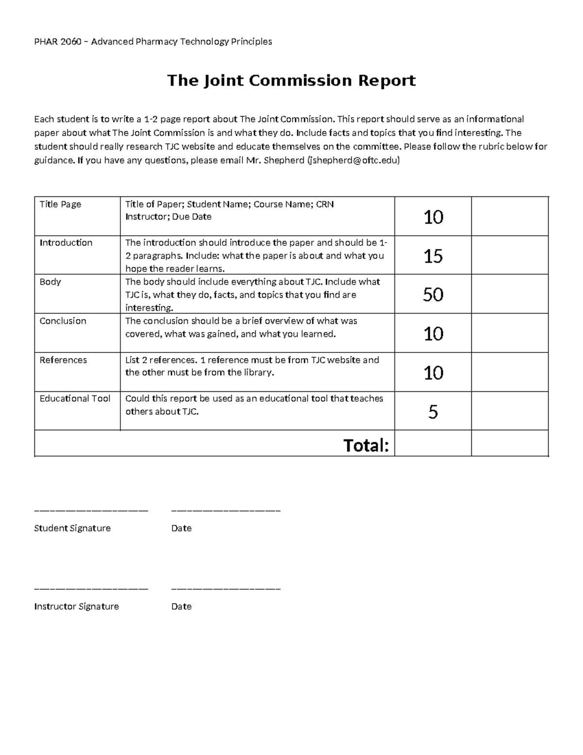 The Joint Commission Report PHAR 2060 Advanced Pharmacy Technology
