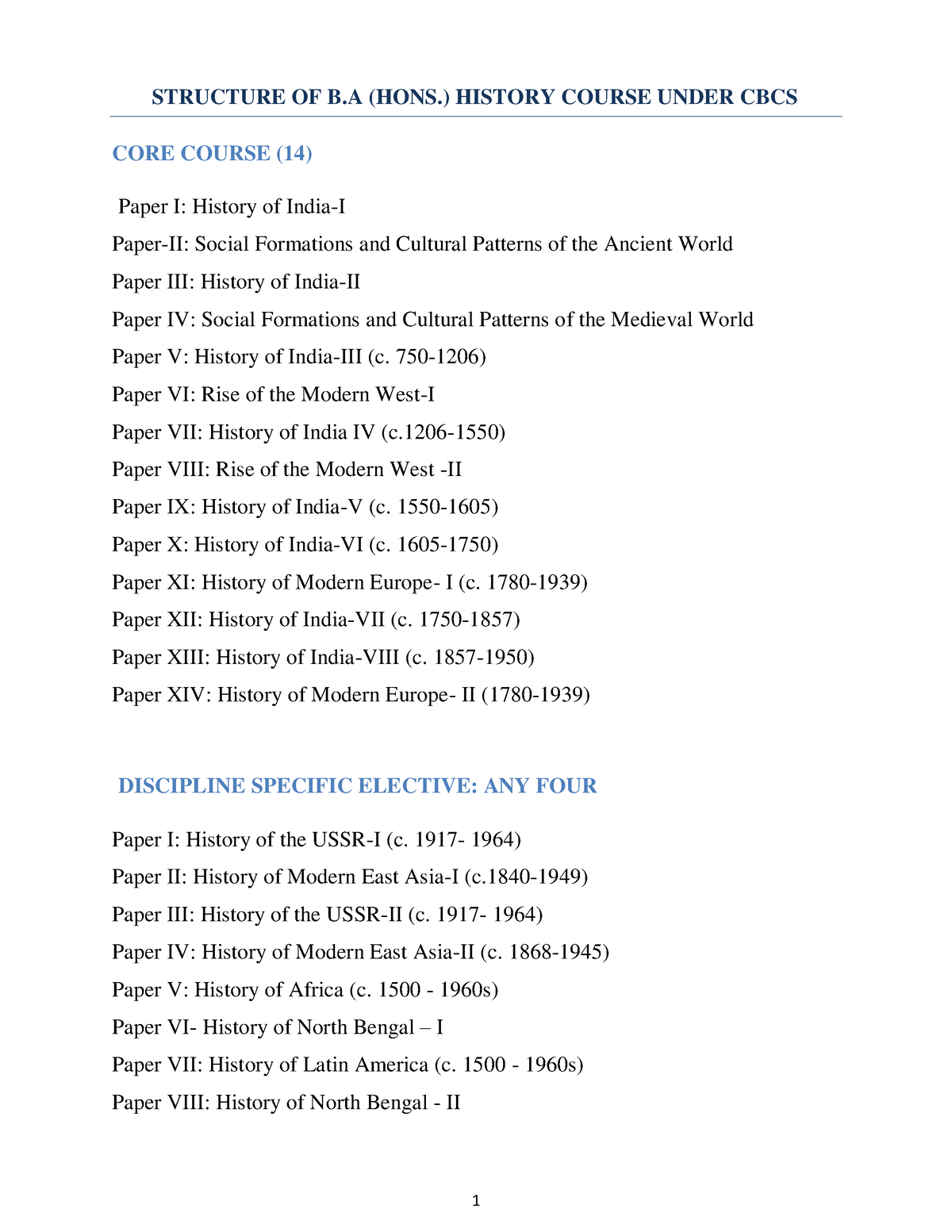 UG History - STRUCTURE OF B (HONS.) HISTORY COURSE UNDER CBCS CORE ...