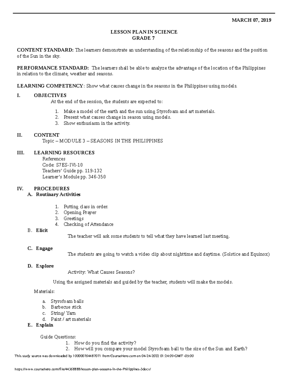 Lesson plan seasons in the Philippines 3 - MARCH 07, 2019 LESSON PLAN ...