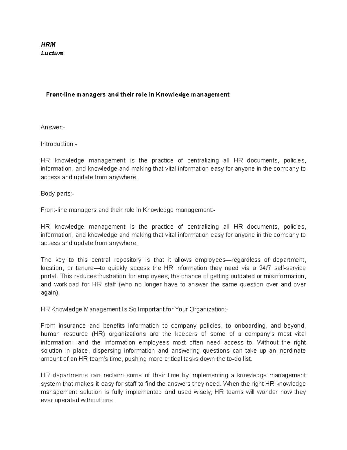 Front-line managers and their role in Knowledge management - HRM ...