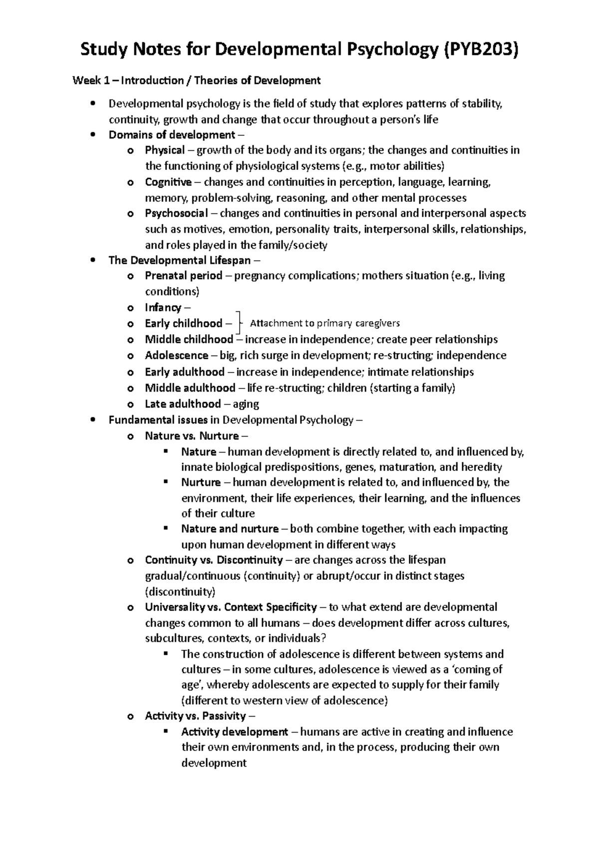 Developmental Psychology (PYB203) Study Notes - Week 1 – Introduction ...