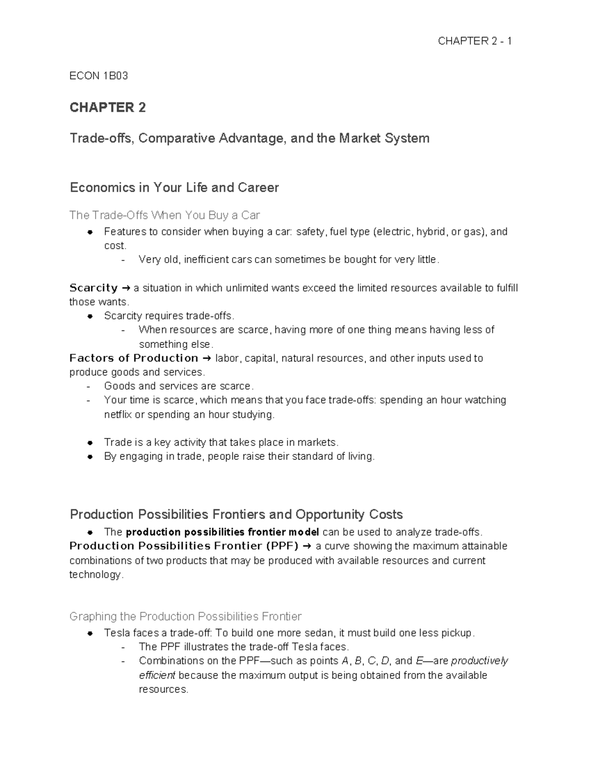 Chapter 2 Notes - ECON 1B CHAPTER 2 Trade-offs, Comparative Advantage ...