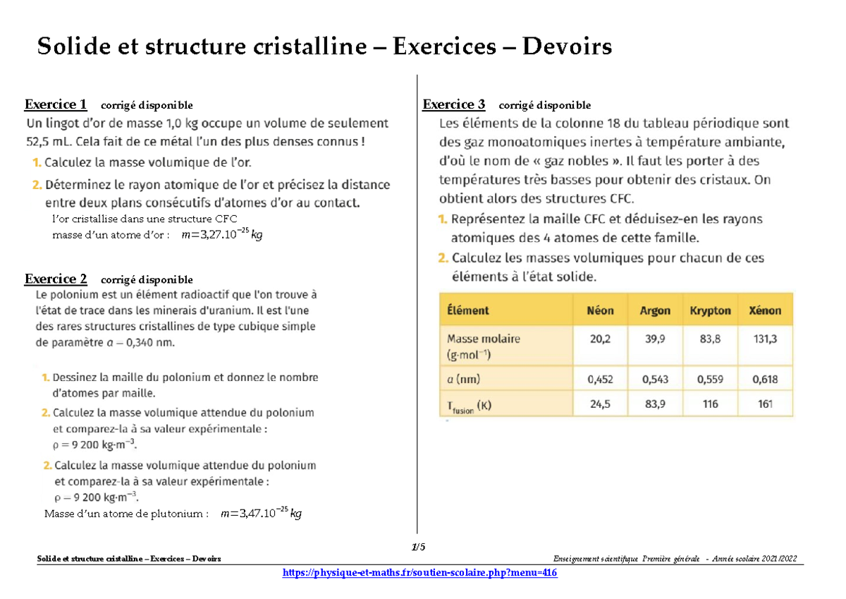 Solide cristaux exercices - Solide et structure cristalline – Exercices
