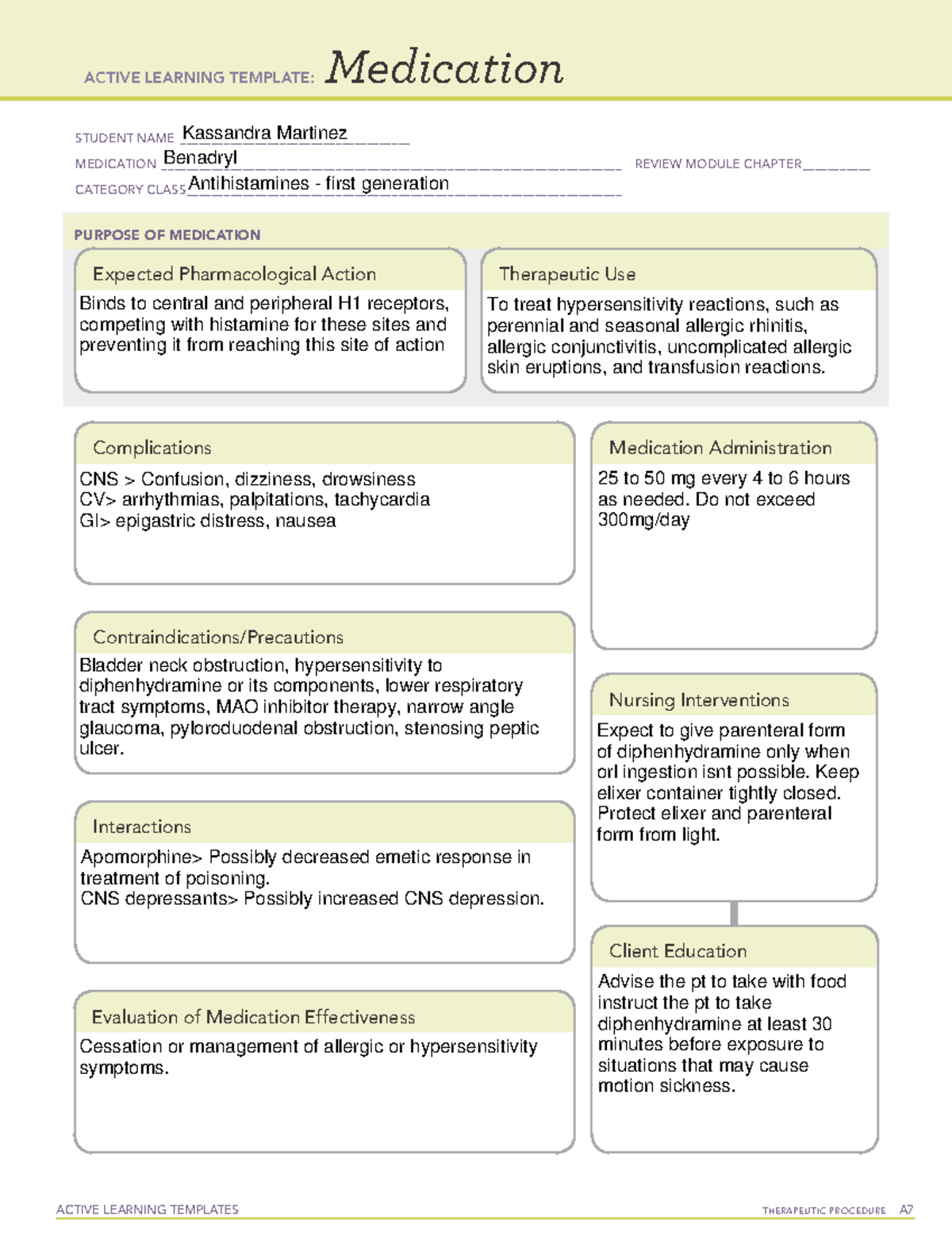 Benadryl - Medication template - ACTIVE LEARNING TEMPLATES THERAPEUTIC ...