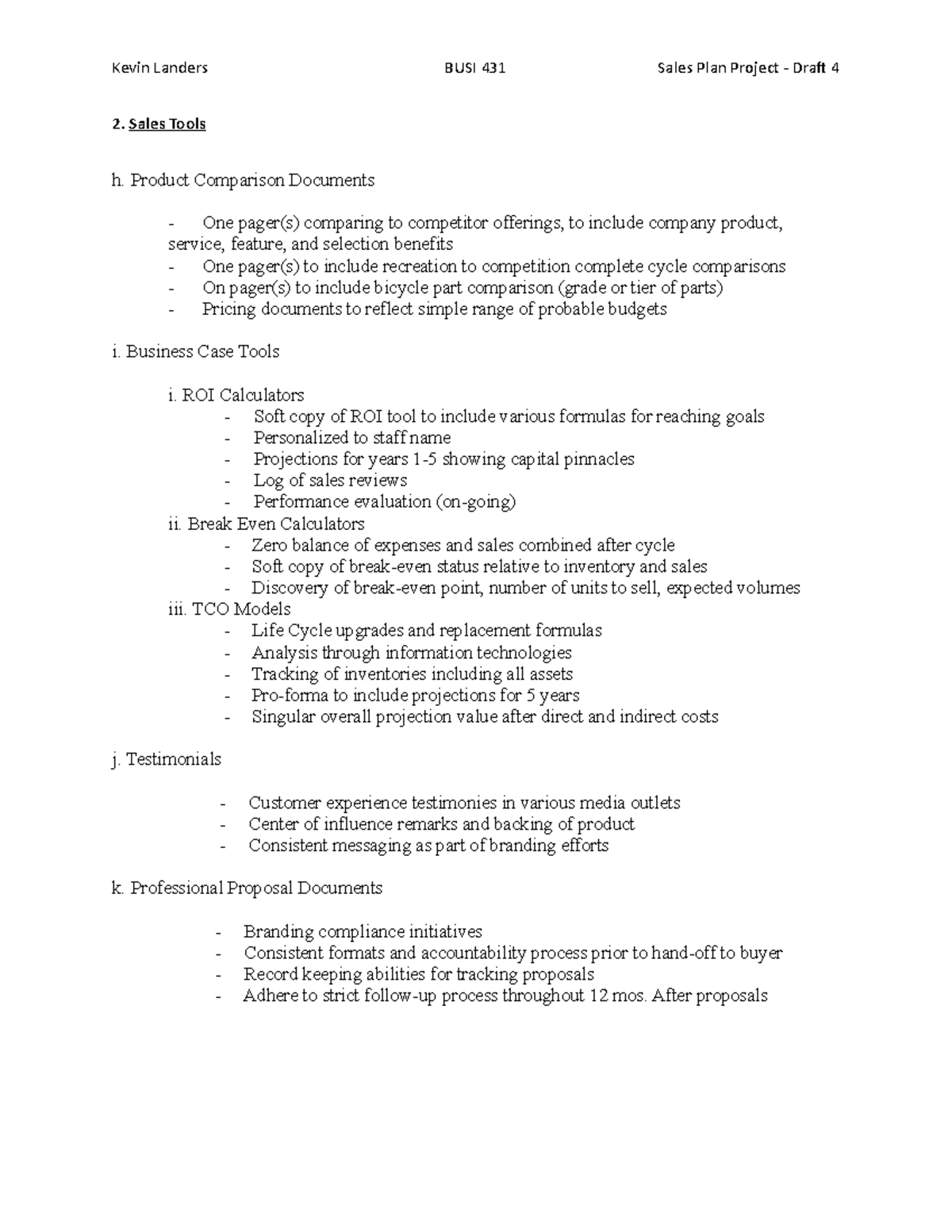 Sales Project Draft 4 June 2019 - Kevin Landers BUSI 431 Sales Plan ...