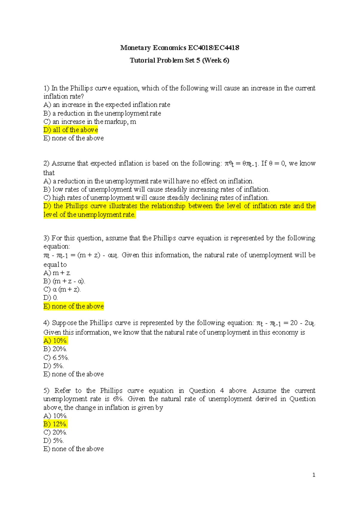 EC4018 EC4418 Problem set 5-1 - Monetary Economics EC4018/EC Tutorial ...