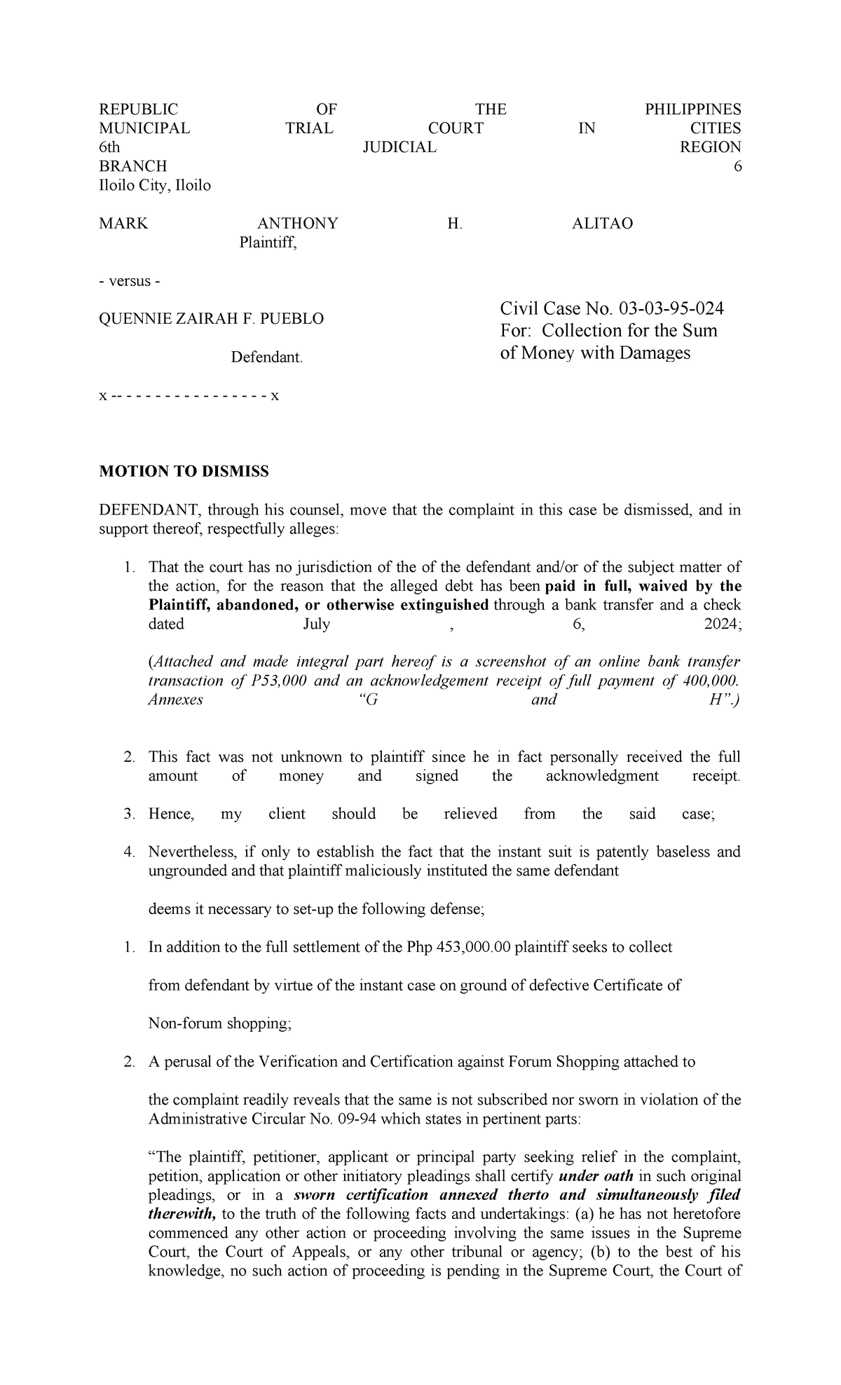 Motion to dismiss Alitao - REPUBLIC OF THE PHILIPPINES MUNICIPAL TRIAL ...