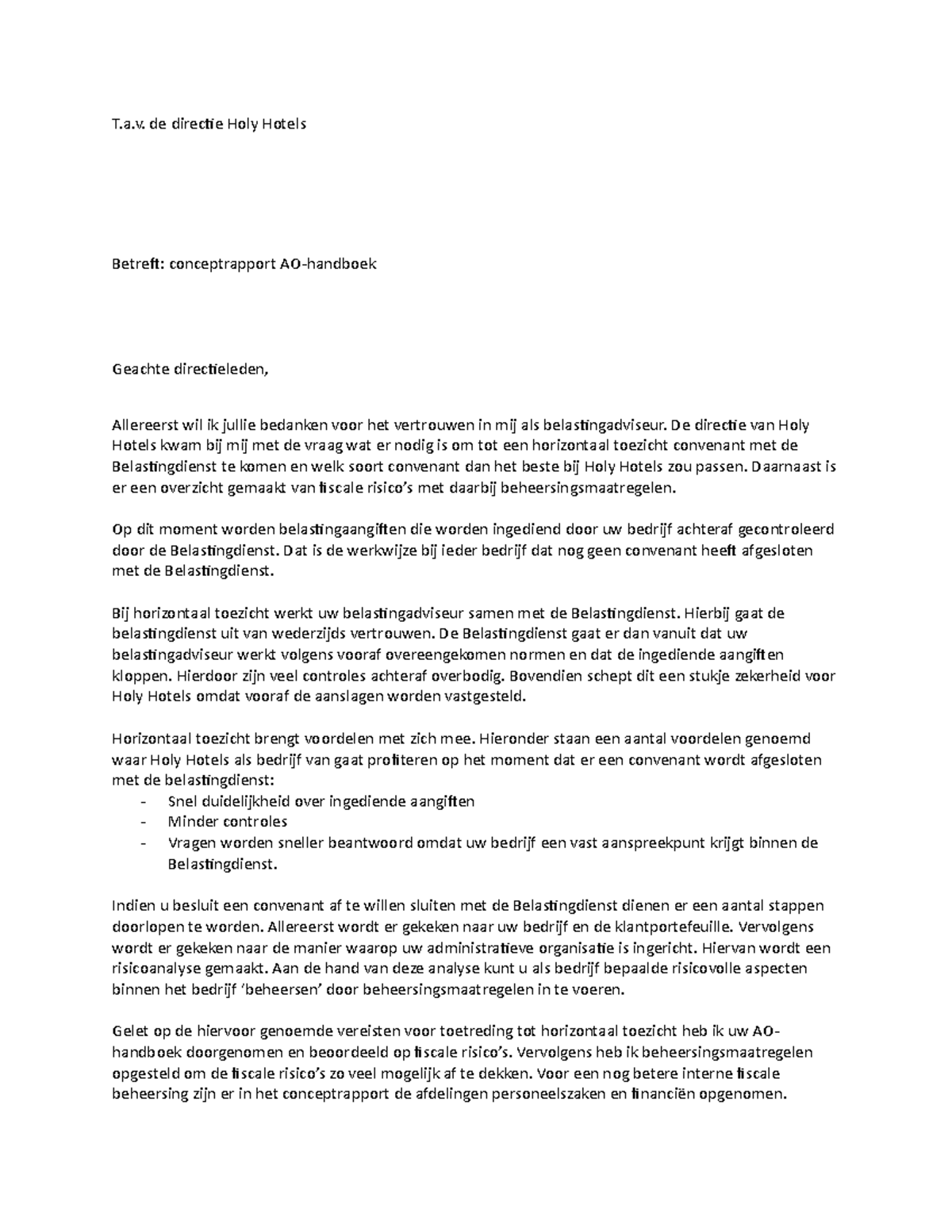 Aanbiedingsbrief HT - T.a. De Directie Holy Hotels Betreft ...