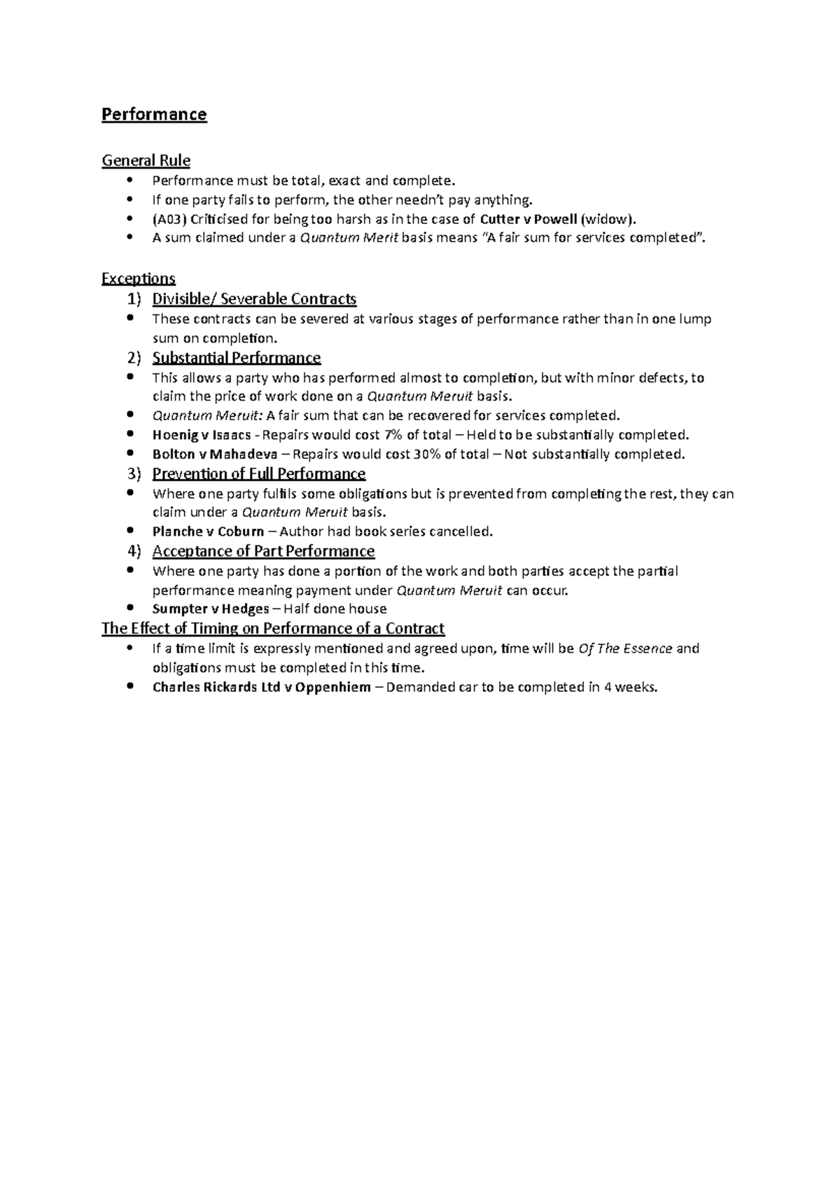 Performance - Covers all relevant cases with brief case facts and all ...
