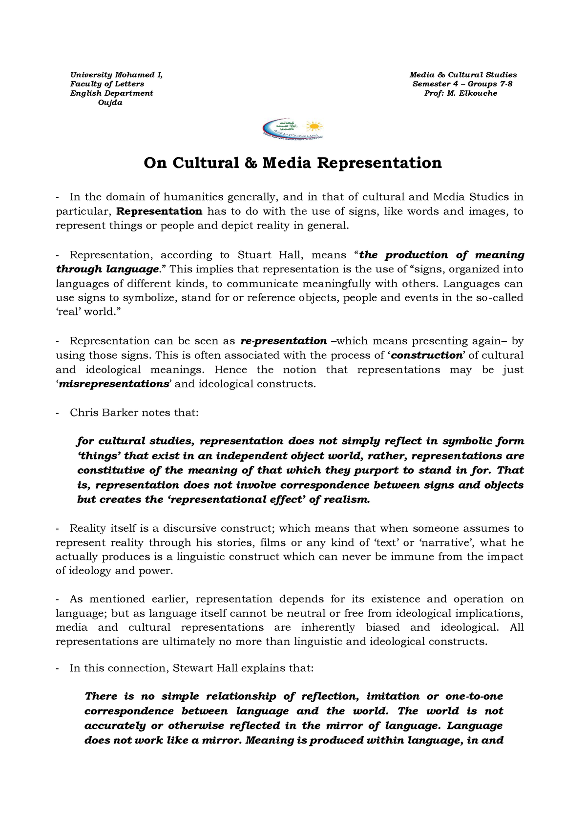 Media Cultural Studies- On Representation - University Mohamed I, Media ...