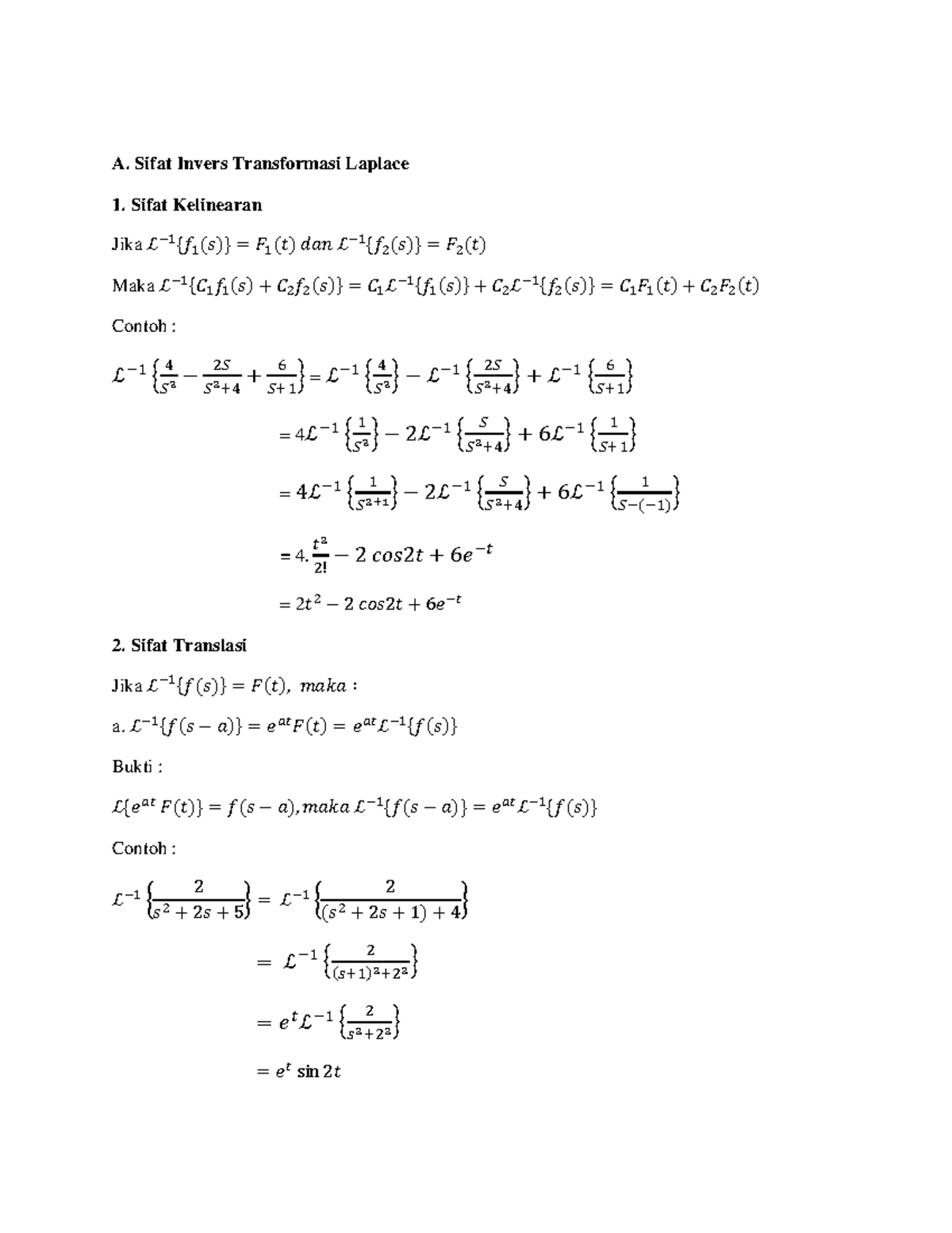 PDE2 - Sifat-sifat invers transformasi laplace - A. Sifat Invers ...