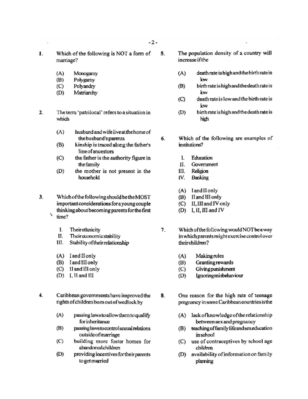 Cxc social studies multiple choice 2007 - Social Studies - Studocu