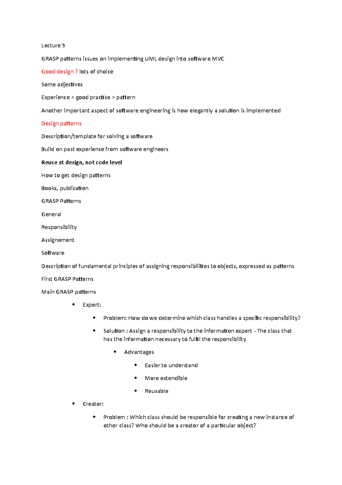 Lecture 9 - Lecture 9 GRASP patterns issues on implementing UML design ...