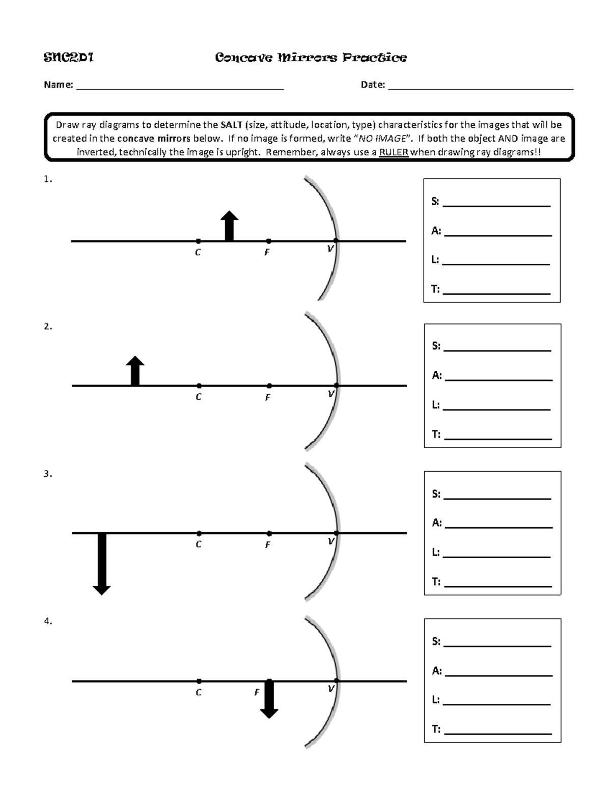 SNC2D 1 Concave Mirrors Practice Worksheet SNC2D1 Concave Mirrors 