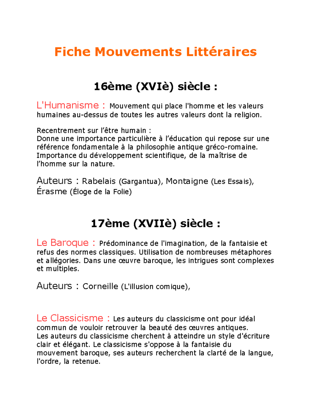 Fiche Mouvements Litt raires Fiche Mouvements Litt raires 16 me XVI 