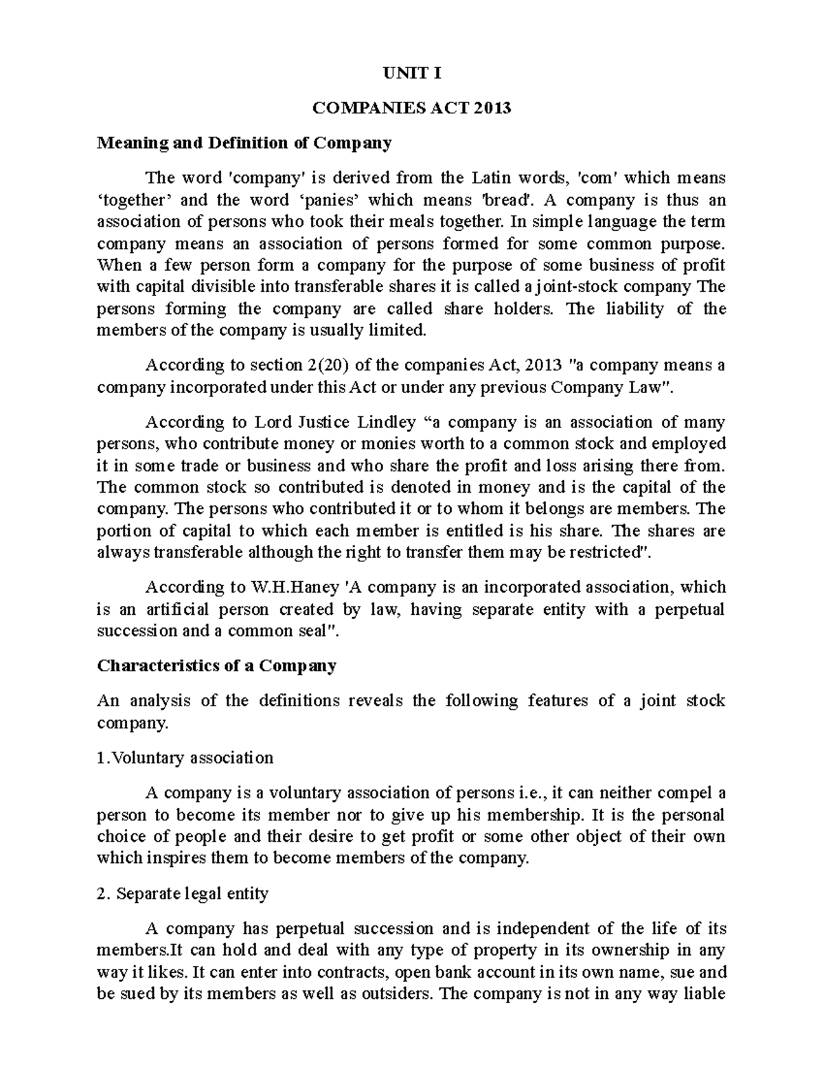 Corporate Law and Business Regulation UNIT I COMPANIES ACT