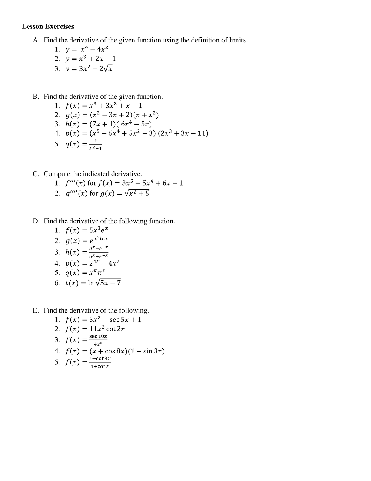 Activity in Derivative - Lesson Exercises A. Find the derivative of the ...