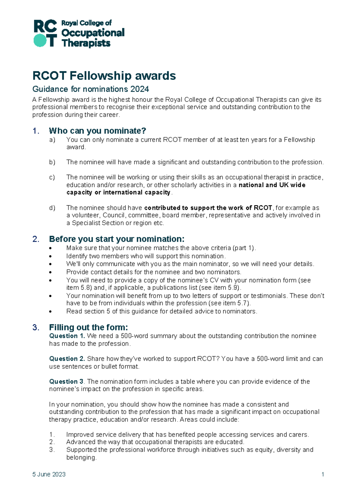 Fellowship Award 2024 guidance 0 - 5 June 2023 1 RCOT Fellowship awards ...