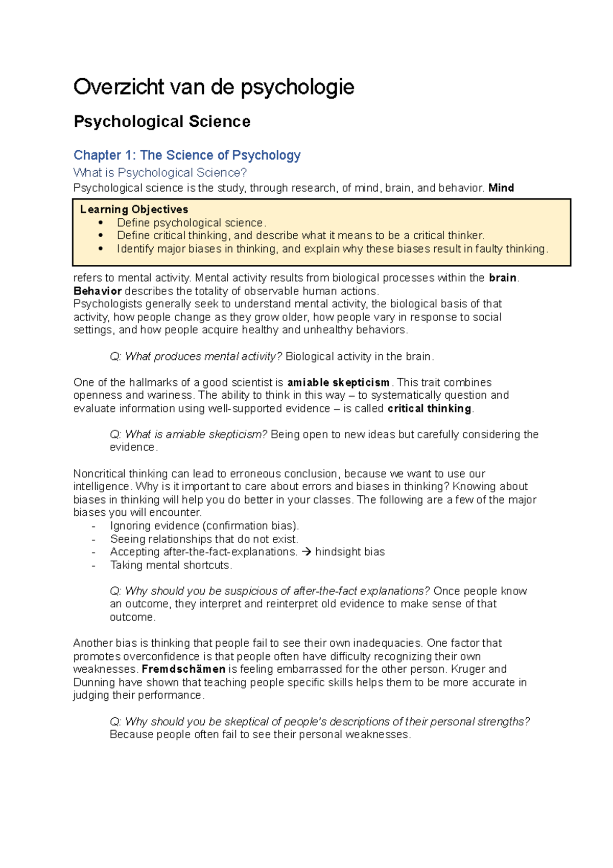 Samenvatting Psychological Science Hoofdstuk 1 - Overzicht Van De ...