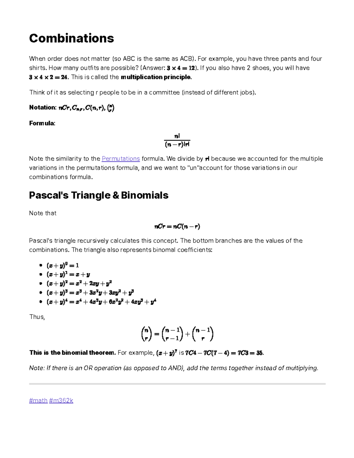 Combinations Combinations When order does not matter (so ABC is the