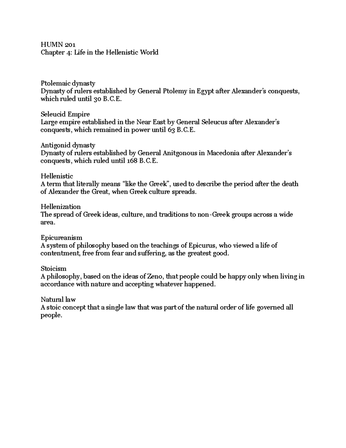 HUMN 201 chap 4: life in the hellenistic world - HUMN 201 Chapter 4 ...