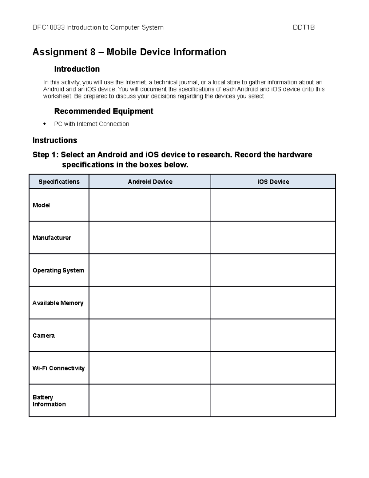 Assignment 8 Mobile Device Information DFC10033 Introduction to Computer System DDT1B