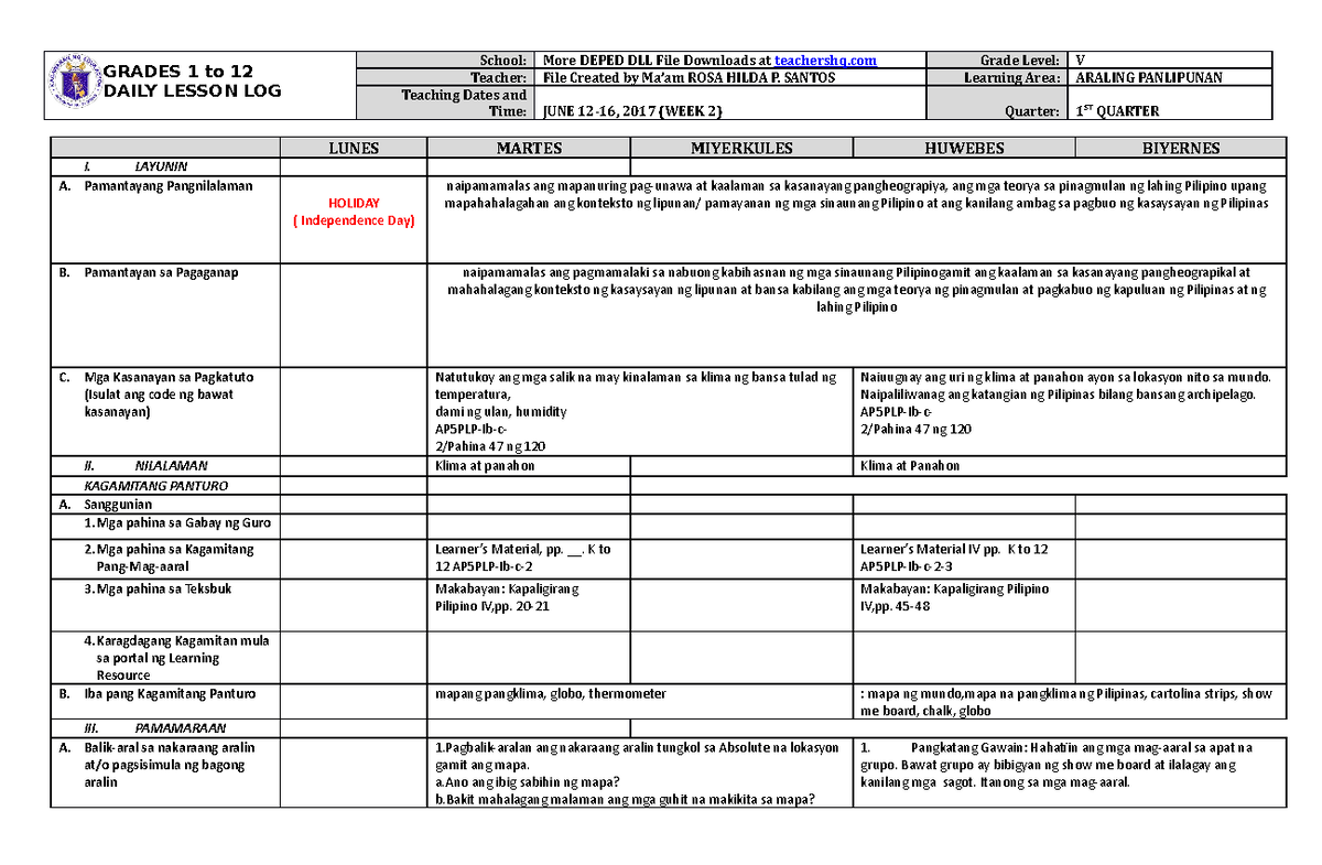 Grade 5 Dll Araling Panlipunan 5 Q1 Week 2 Grades 1 To 12 Daily Lesson Log School More Deped 7757