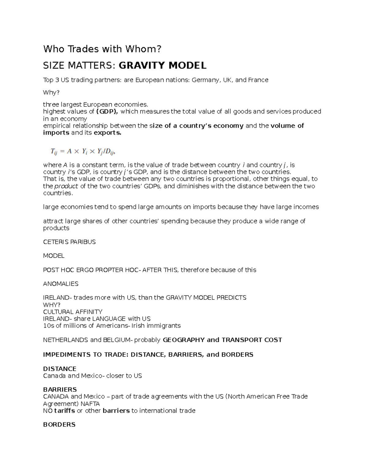 Models of International Trade - Who Trades with Whom? SIZE MATTERS ...