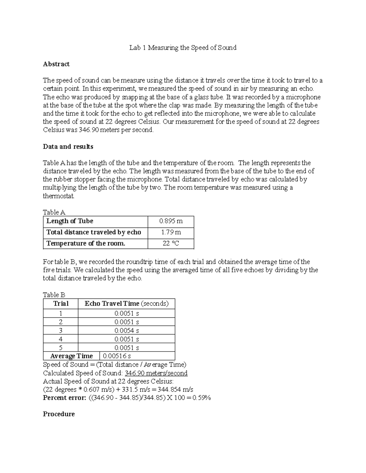 Lab 1 Speed of sound - Lab 1 Measuring the Speed of Sound Abstract The ...