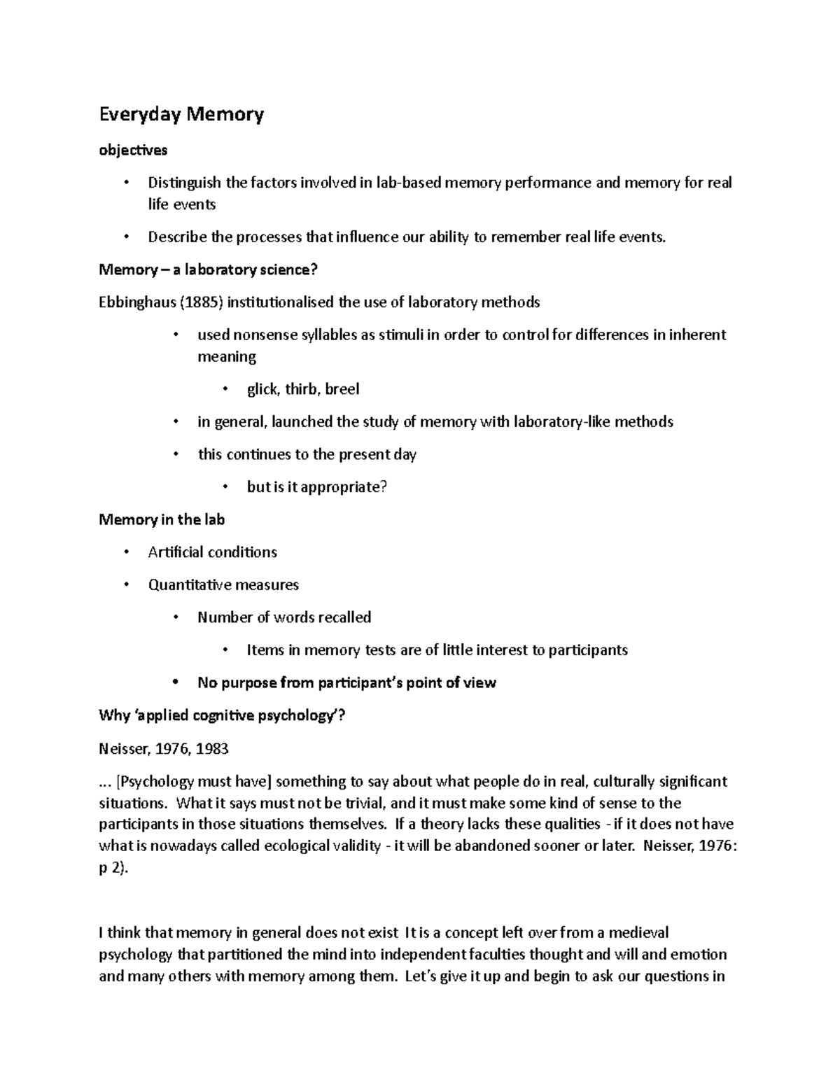 Everyday memory lecture Notes - Everyday Memory objectives ...
