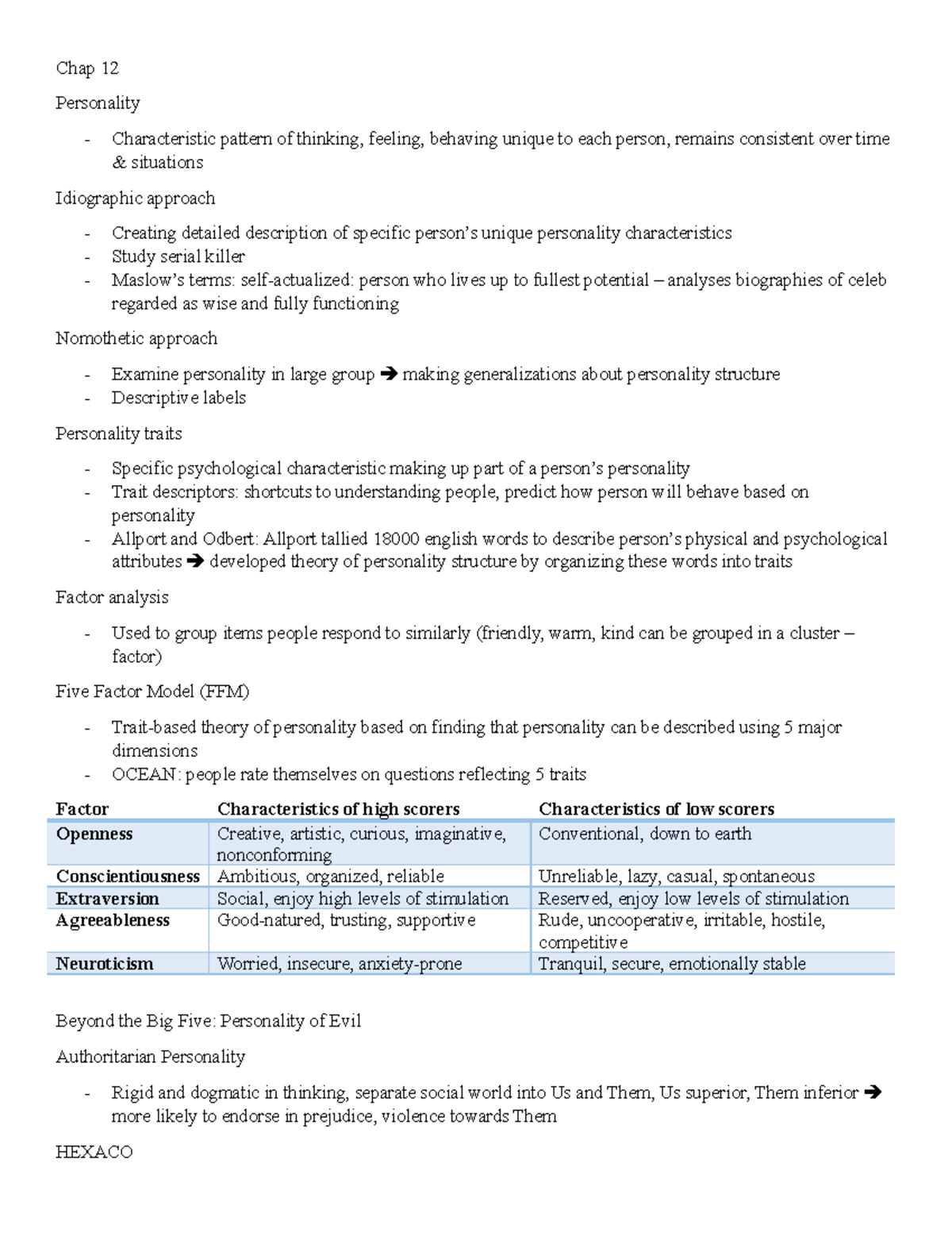 Chapter 12 13 notes - Chap 12 Personality Characteristic pattern of ...