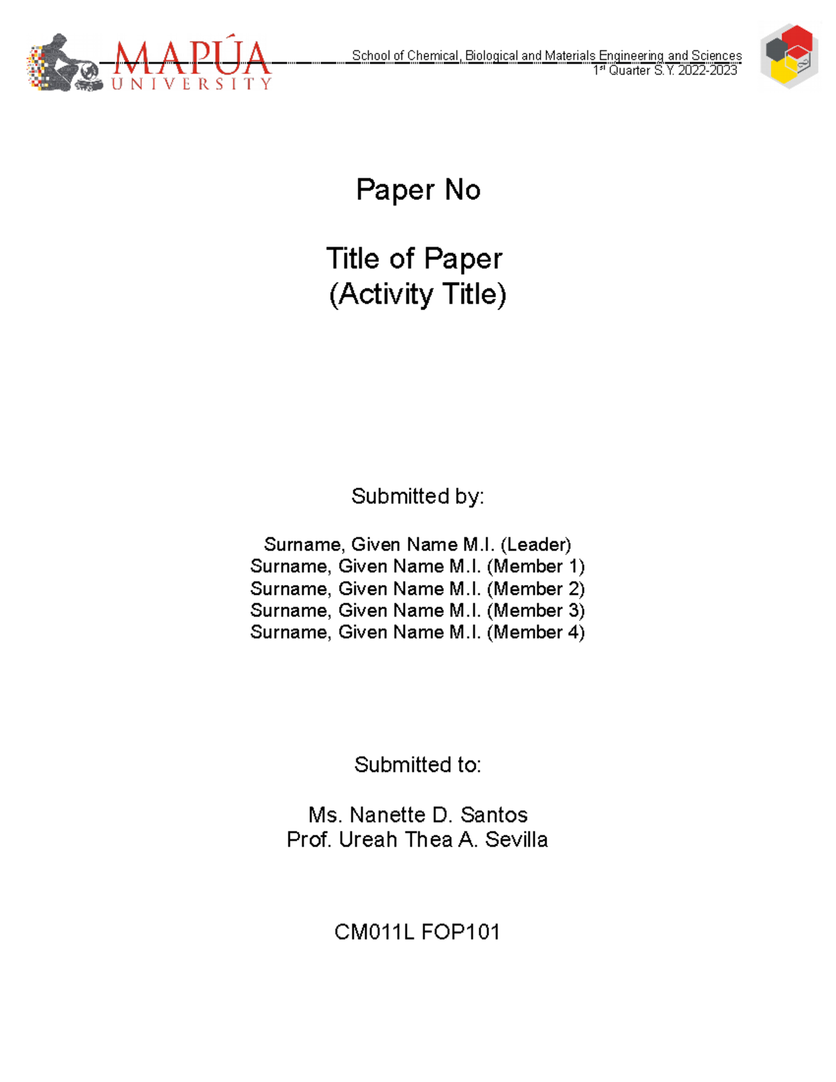 Laboratory Report Format for FOPI01 - General Chemistry For Engineers ...