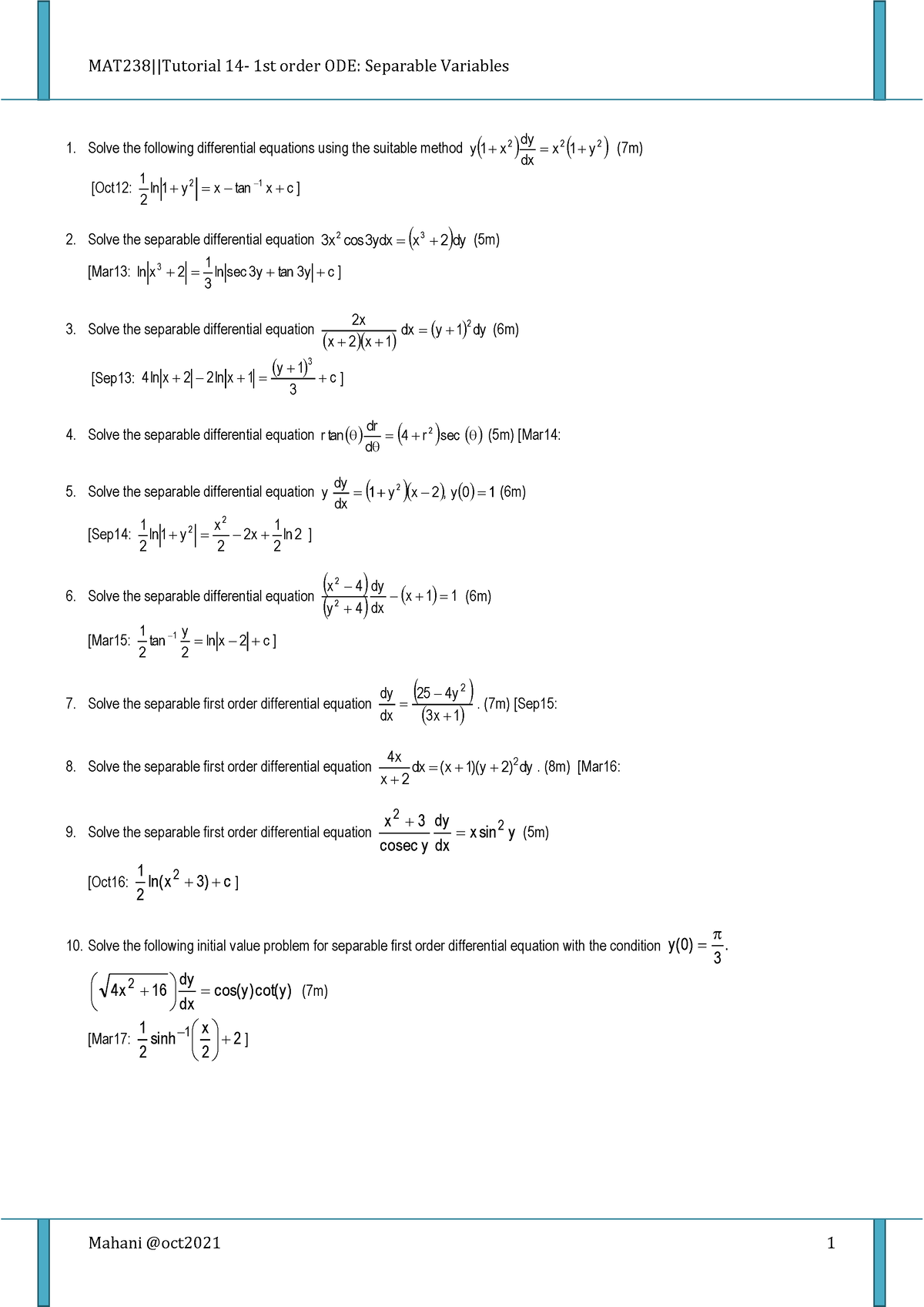 R14 Separable - tutorial - MAT238||Tutorial 14- 1st order ODE ...