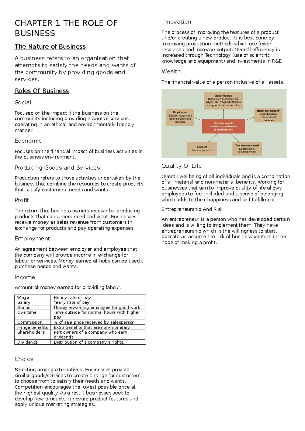 Business notes - CHAPTER 1 THE ROLE OF BUSINESS The Nature of Business ...