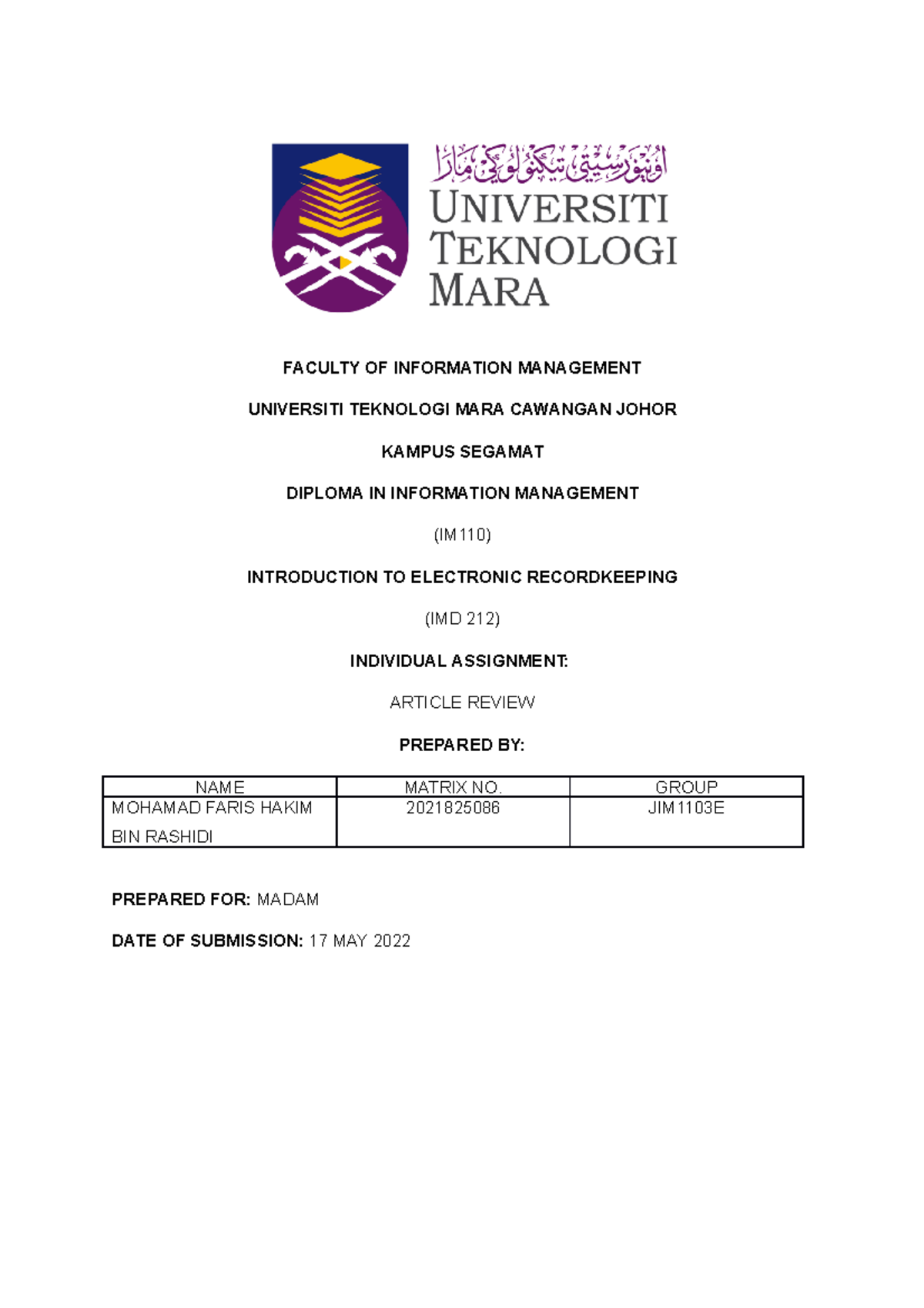 Article Review Imd 212 Faculty Of Information Management Universiti