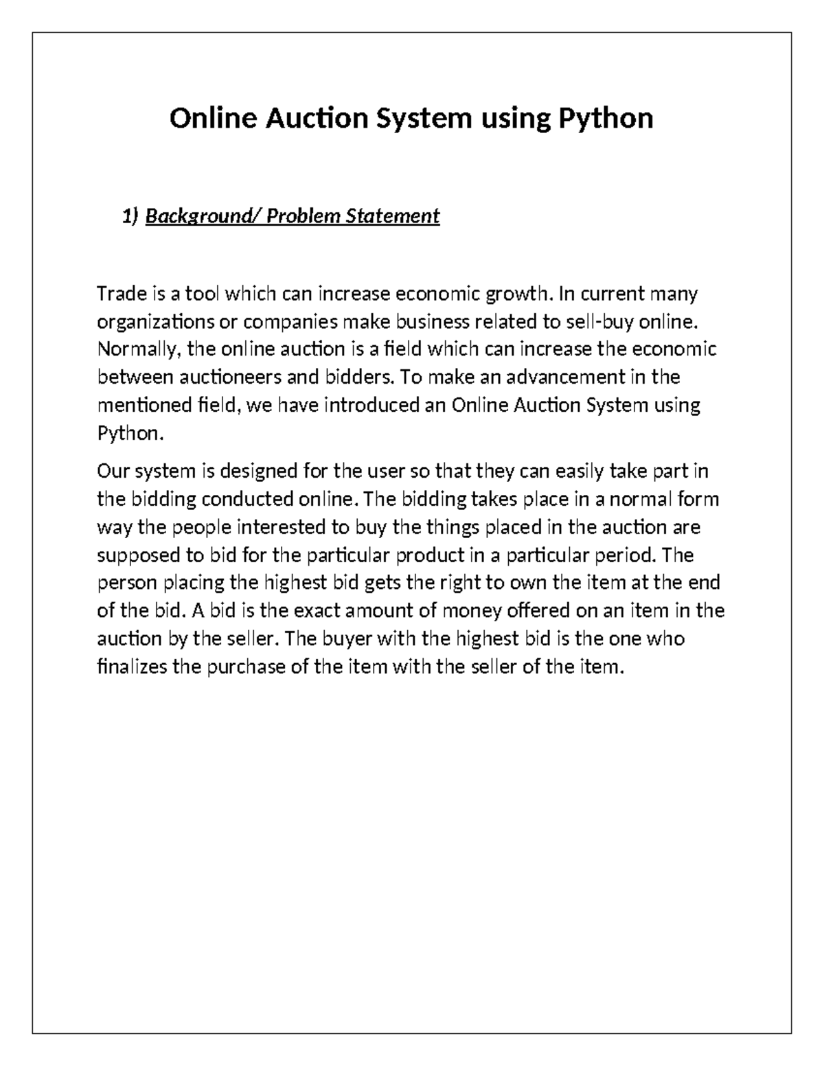 PY103 - Online Auction System using Python 1) Background/ Problem ...