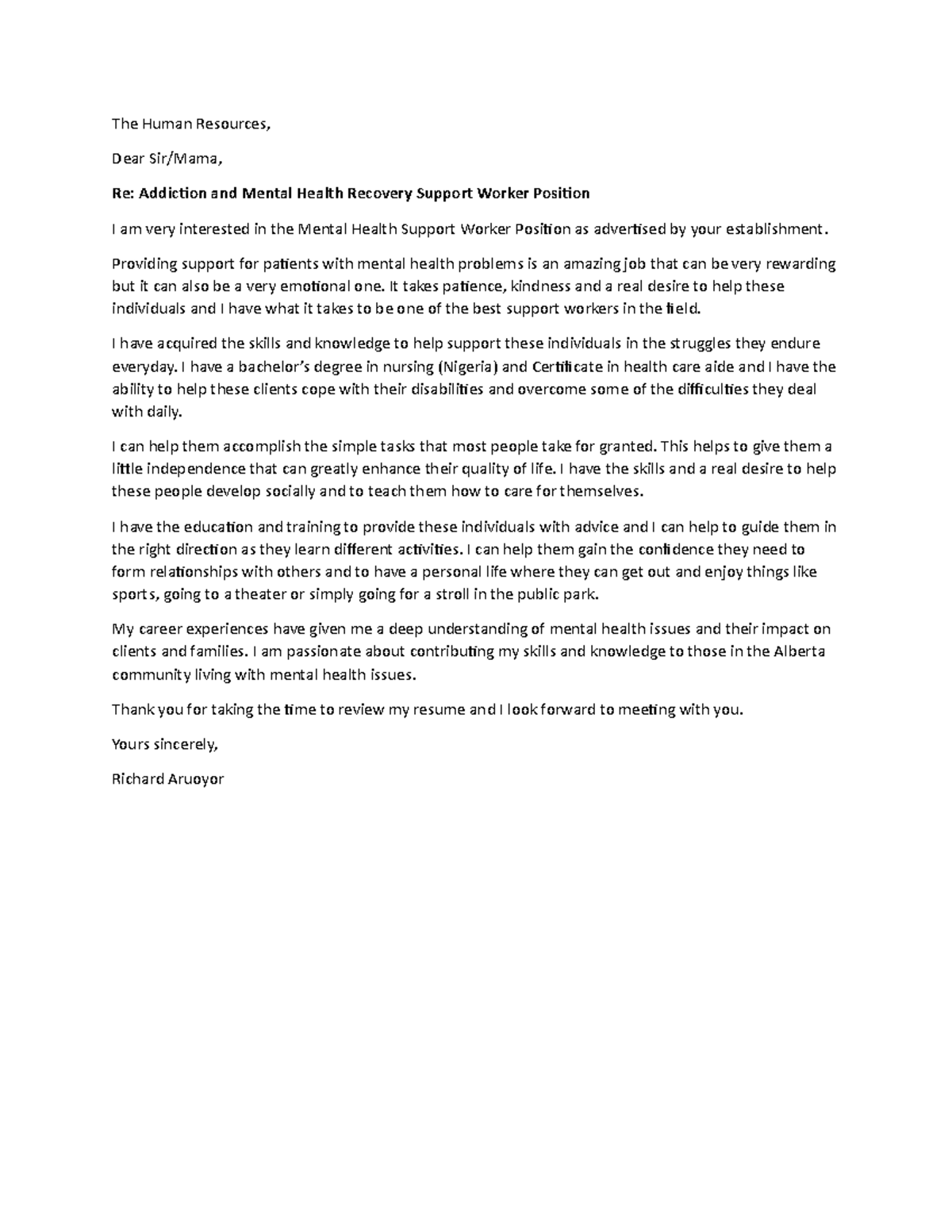 mental health support worker cover letter