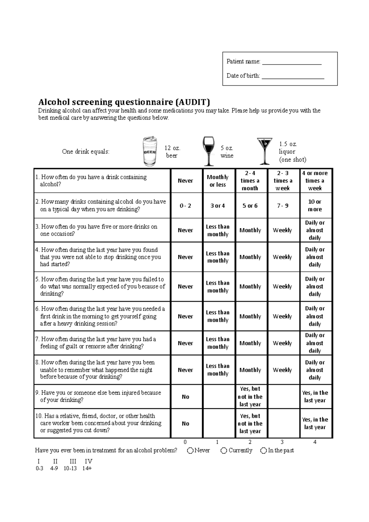 Audit screening tool ASSIGNMENT NOTES One drink equals 12 oz. beer