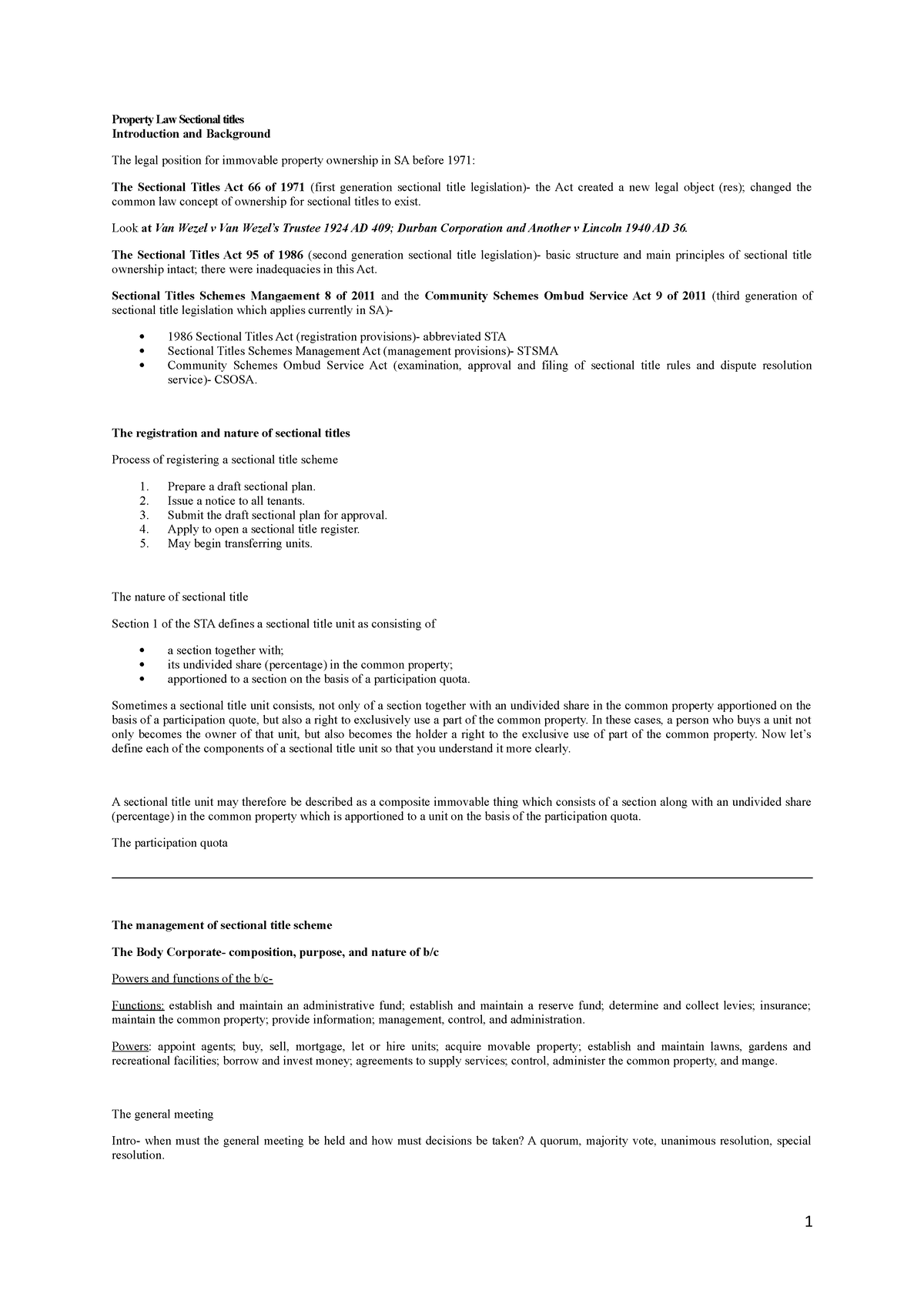 Property Law Sectional titles notes - Property Law Sectional titles ...