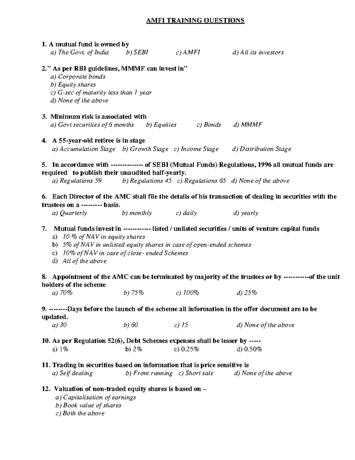 AMFI-questionairre - NA juf - AMFI TRAINING QUESTIONS A mutual fund is ...