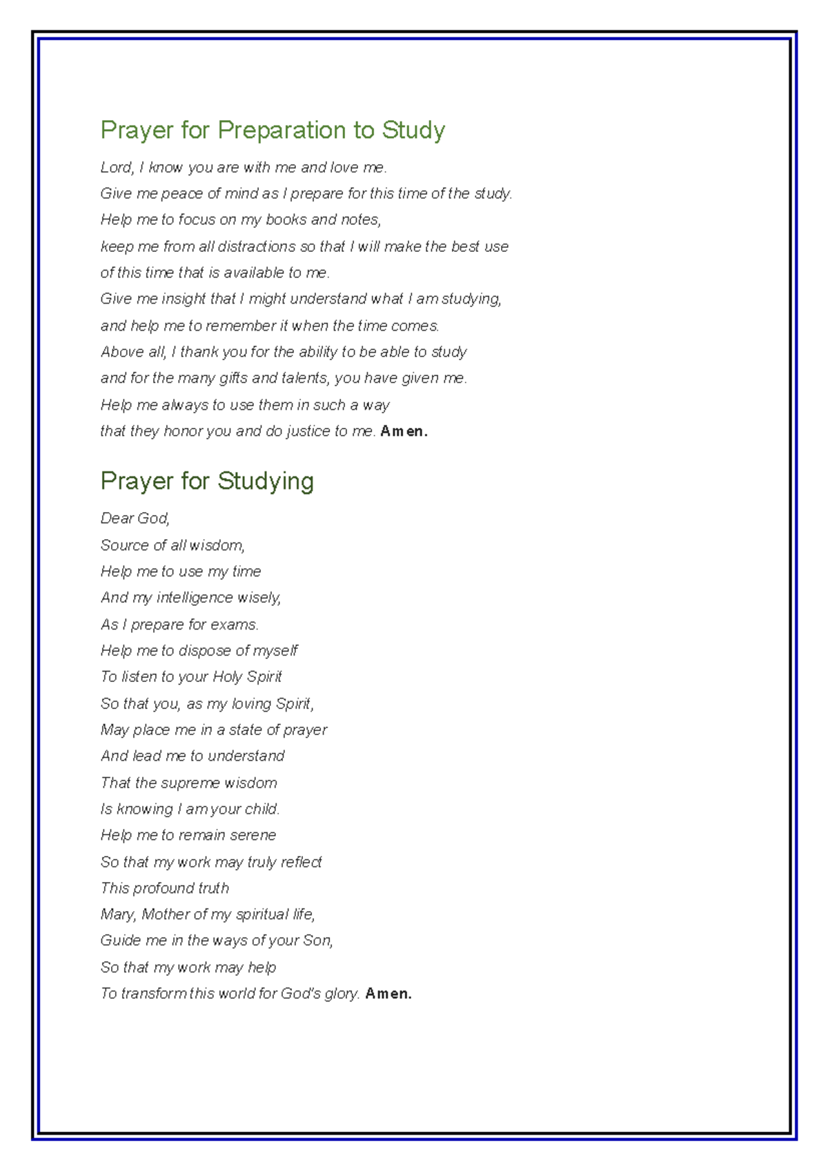 Prayer for Preparation to Study - Give me peace of mind as I prepare for this time of the study ...