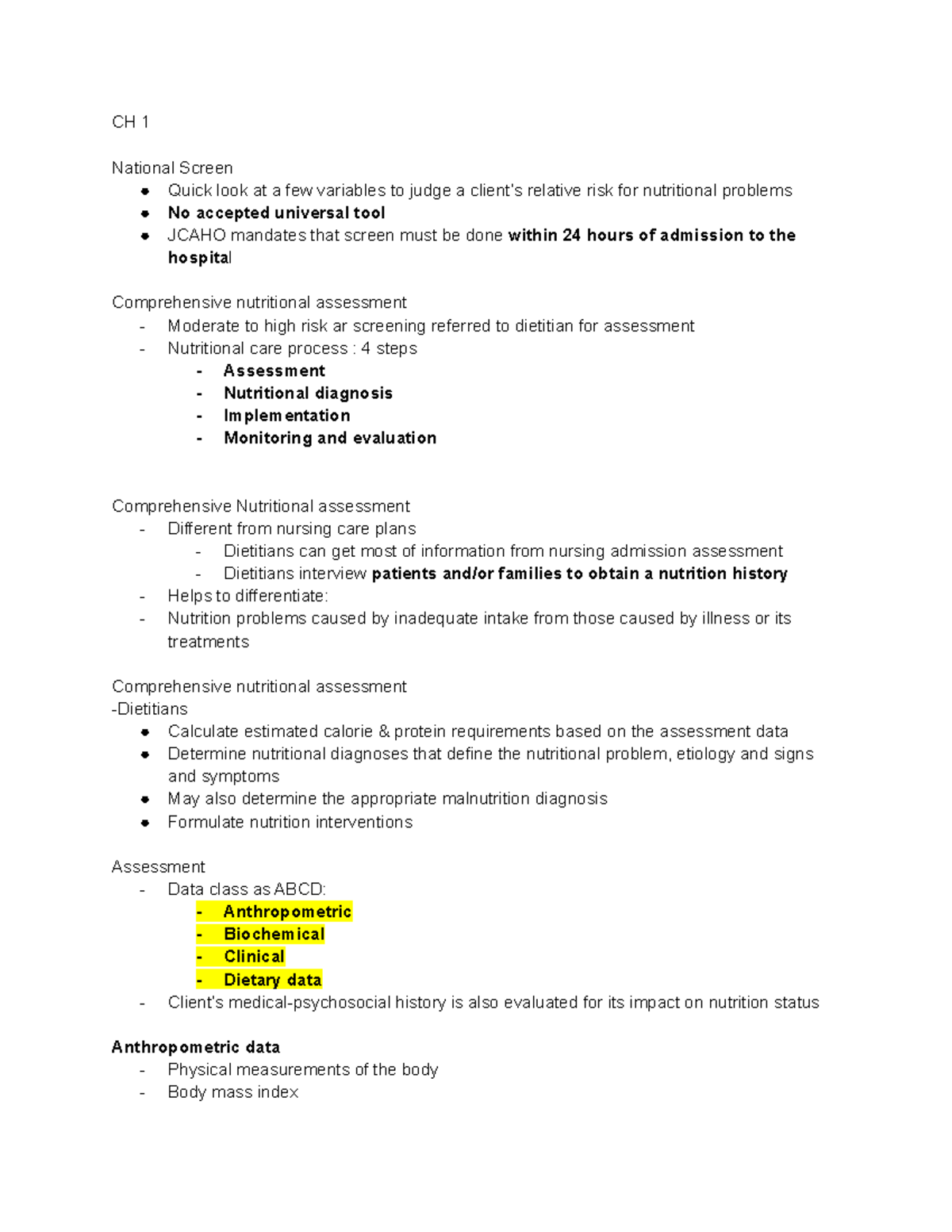 Nutrition - ch 1-10 - CH 1 National Screen Quick look at a few ...